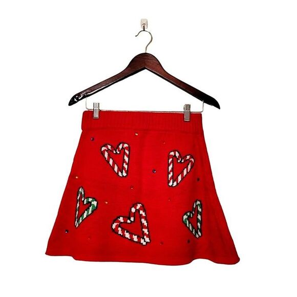 Womens Skirt Red S Candy Cane Christmas Mini Hearts Knit - Picture 1 of 5